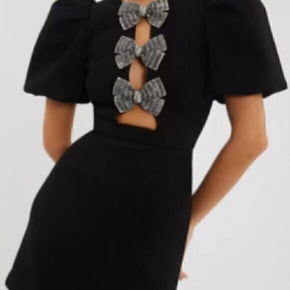 Black Puff Sleeve Cut Out Party Bow Rhinestone Mini Dress L - Picture 9 of 14
